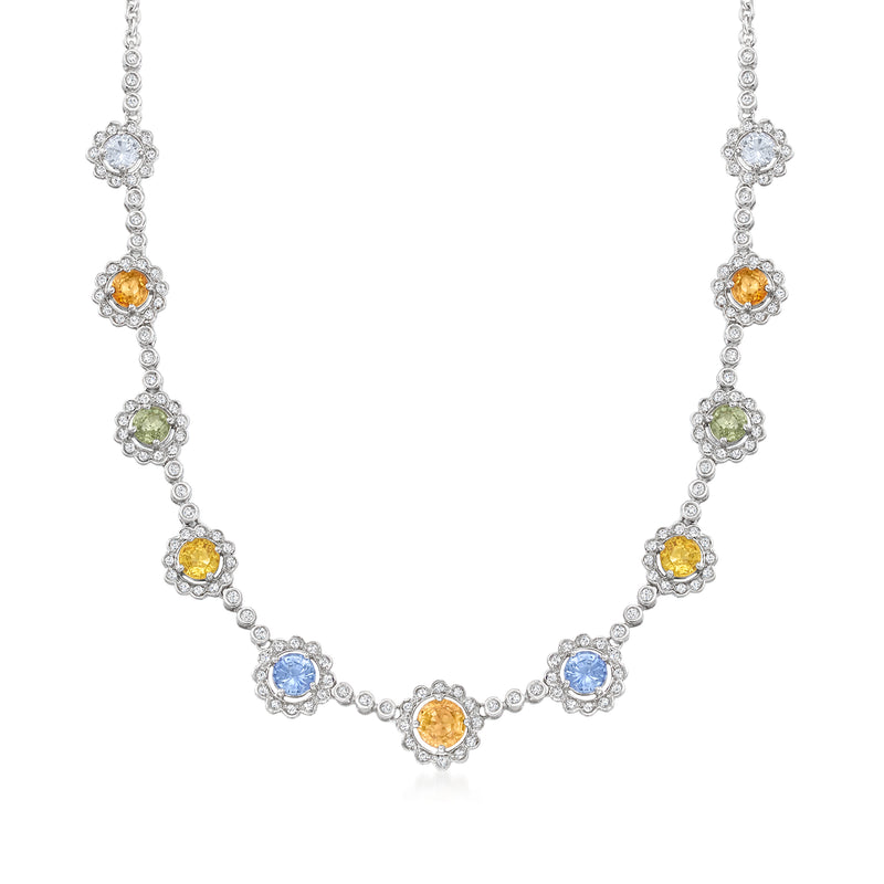 18k white gold choker necklace with round multicolored sapphire and diamond accents