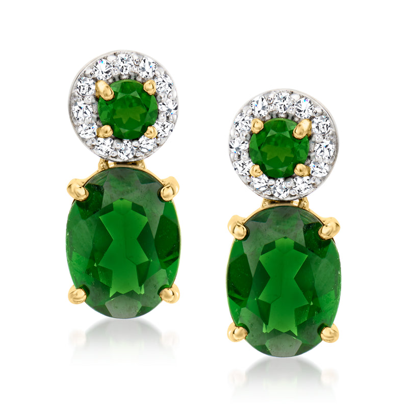 14kt yellow gold drop earrings with green chrome diopside and diamond halos