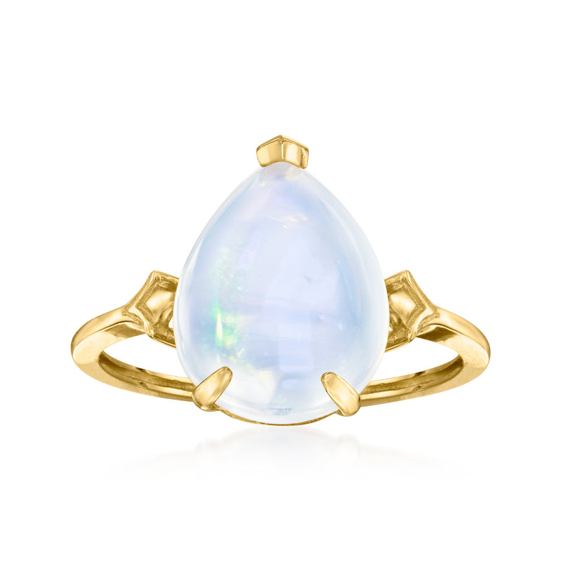 14kt yellow gold opal ring with pear-shaped Ethiopian opal and fleur-de-lis prongs