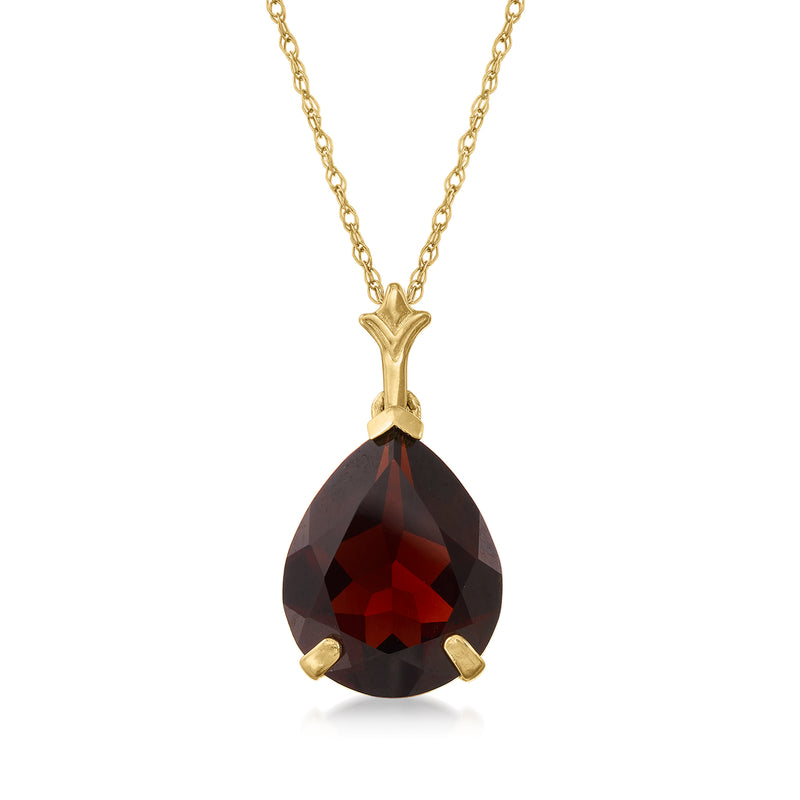 14kt yellow gold garnet pendant necklace with pear-shaped dark red gemstone drop