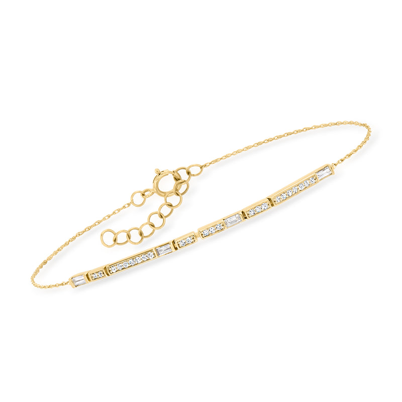 14kt yellow gold diamond station bracelet with baguette and round pave settings
