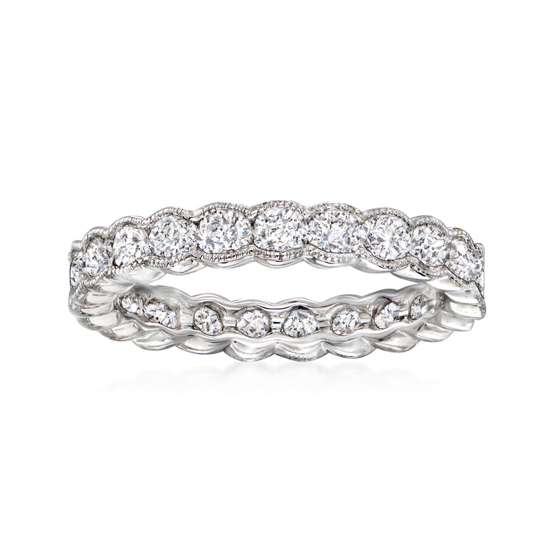 18kt white gold diamond eternity band with round diamonds in linked scalloped rows