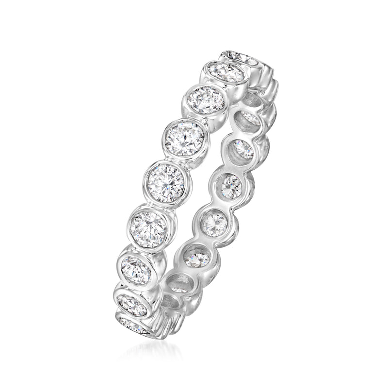 White gold diamond eternity band, side view of bezel-set round diamonds