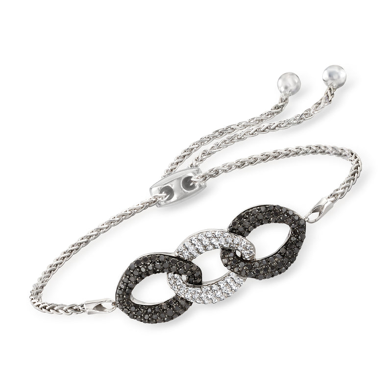 Sterling silver bolo bracelet with black and white diamond oval link centerpiece