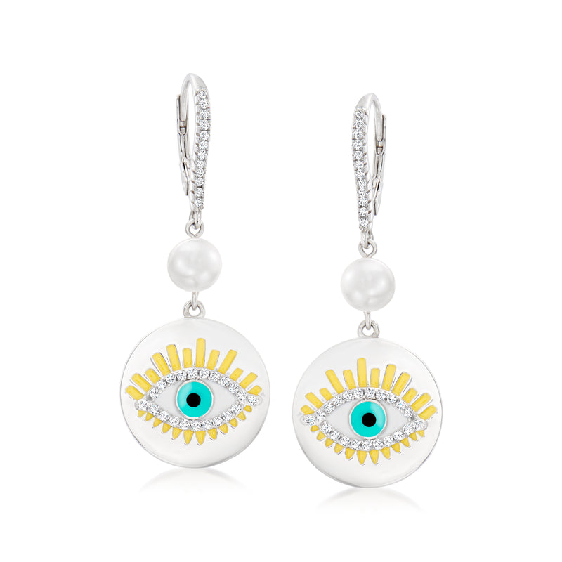Cultured pearl evil eye drop earrings with turquoise enamel and yellow rays on silver