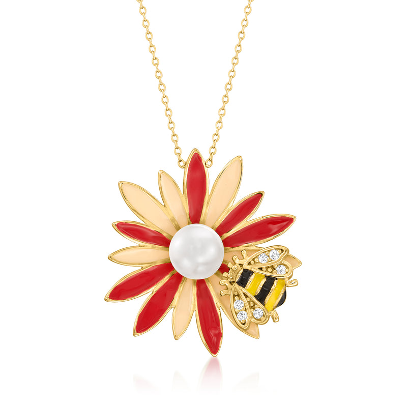 Gold flower bumblebee pendant necklace with red enamel petals, white pearl center, crystal bee