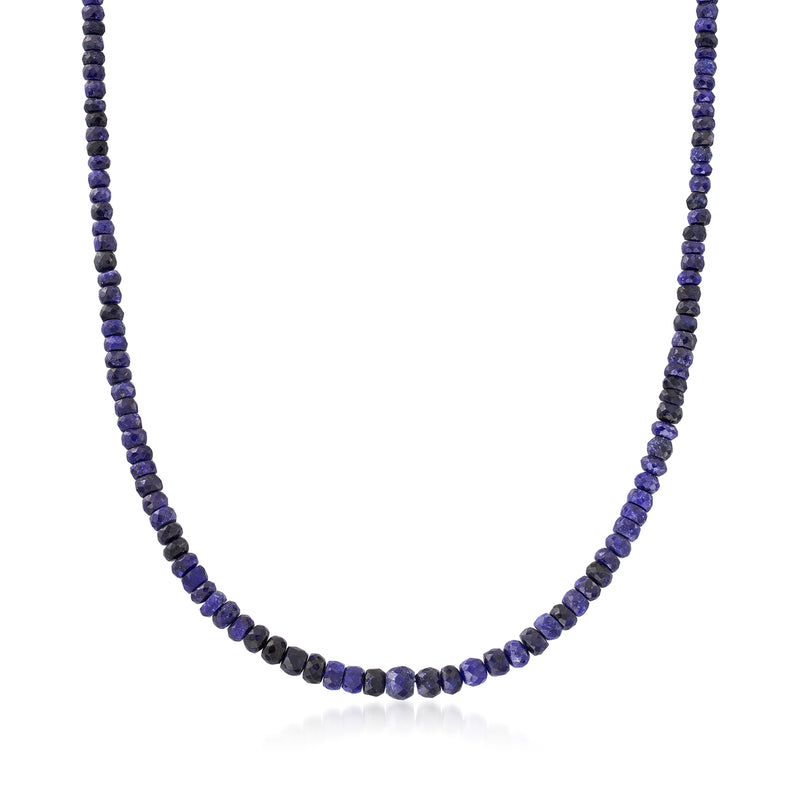 Sapphire blue bead necklace with sterling silver accents, round bead strand.