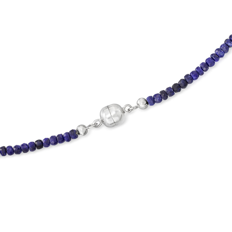 Sapphire bead necklace with sterling silver clasp and round bead spacers.