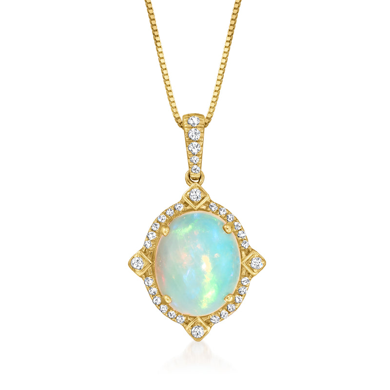 14kt yellow gold opal pendant with oval opal center and diamond halo
