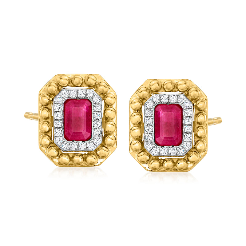 14kt yellow gold ruby and diamond halo stud earrings, square setting with post backs