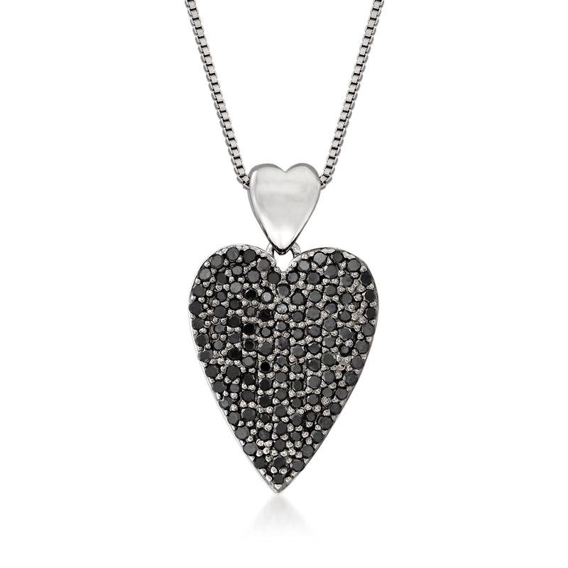 Sterling silver heart pendant necklace with black diamond pave