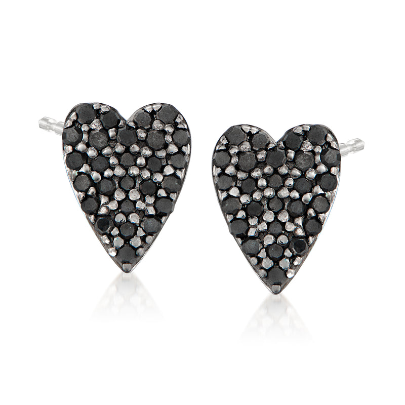 Black diamond heart stud earrings in sterling silver, bezel-set with dark sparkle