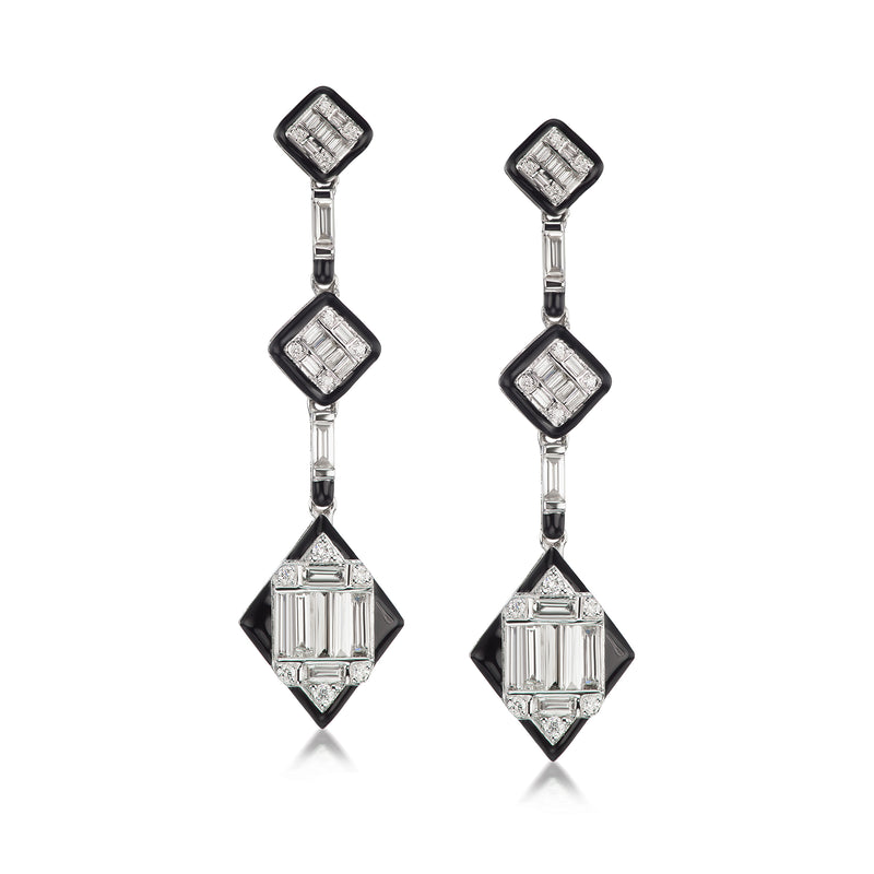 18kt white gold diamond and black enamel drop earrings with geometric square drops