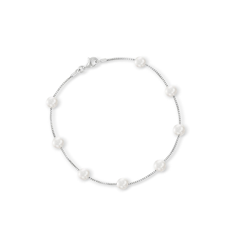 Sterling silver anklet with evenly spaced round cultured pearls on a fine chain