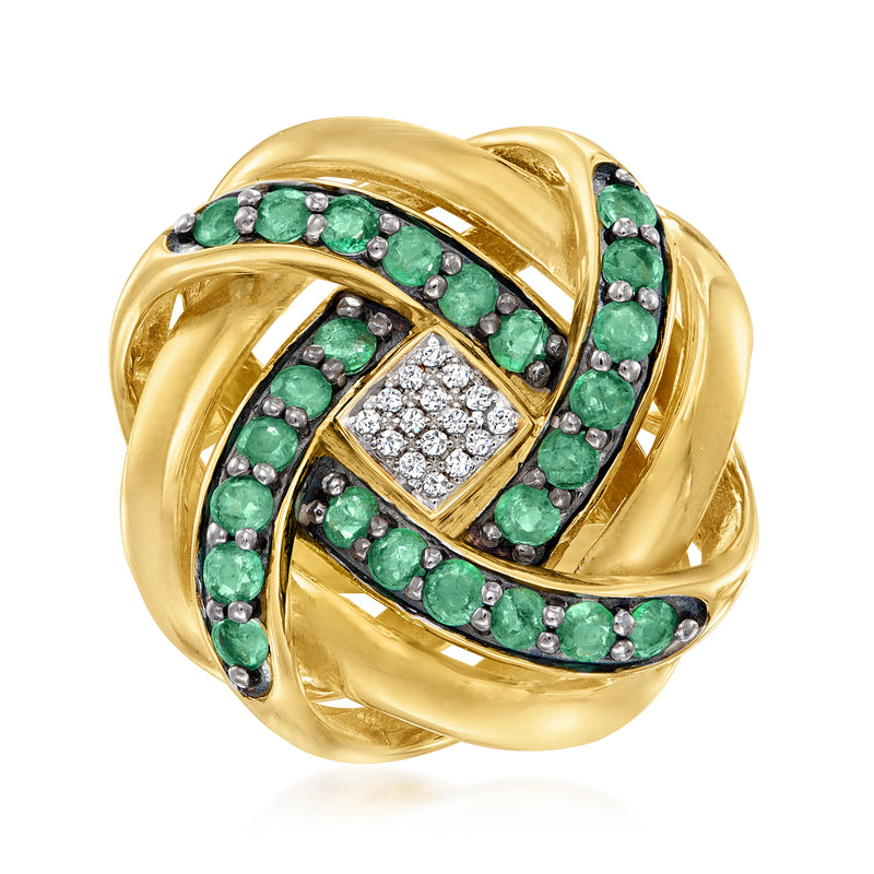 18kt gold over sterling love knot ring with green emerald stones and diamond accents
