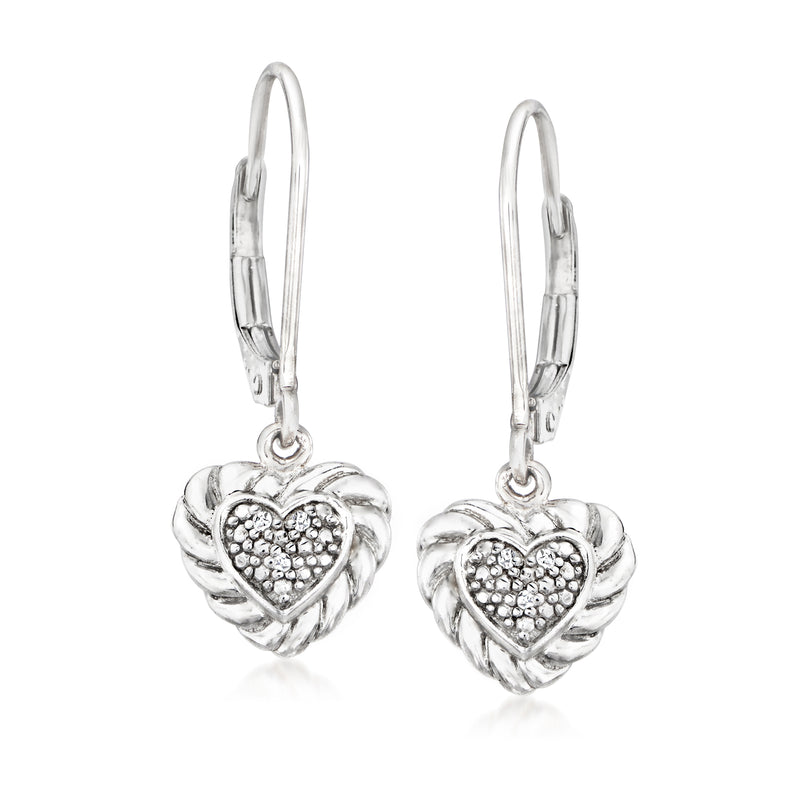 Sterling silver heart drop earrings with sparkling diamond accents, leverback
