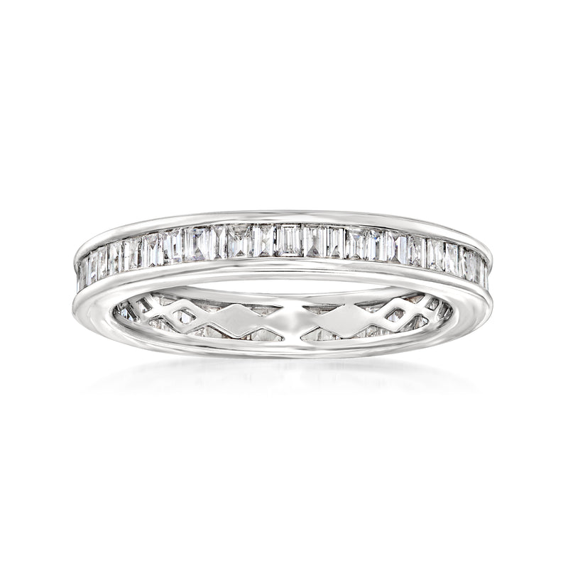 14kt white gold eternity band with baguette-cut diamonds, textured openwork detail