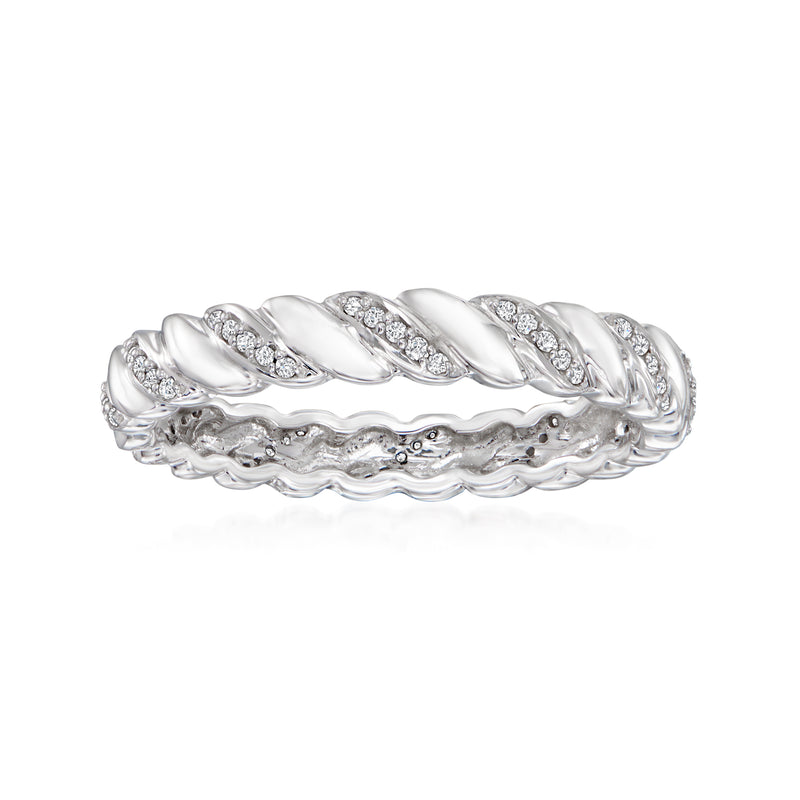 14kt white gold twisted eternity band with round diamond accents, polished metal.