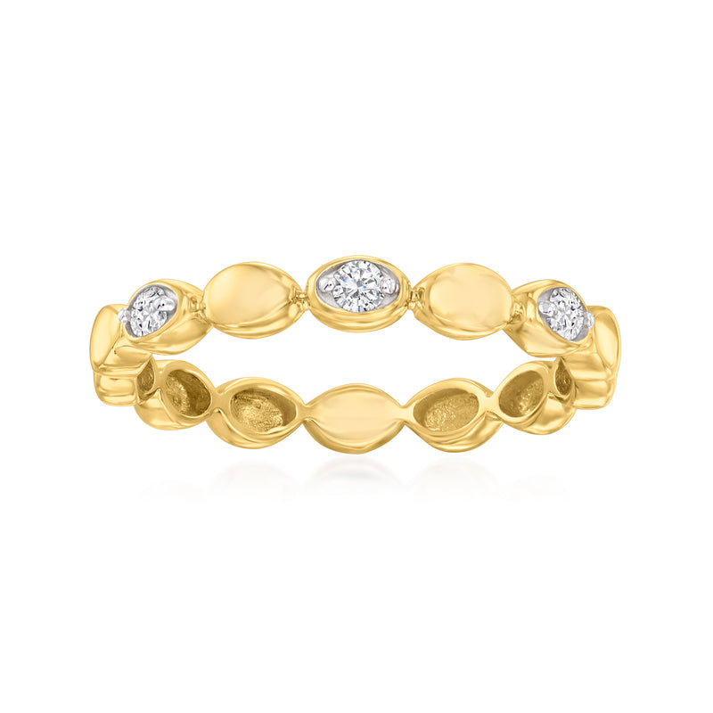 14kt yellow gold eternity ring with five round diamond accents in a scalloped bezel.