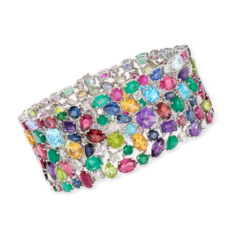 Vintage multicolor gemstone bracelet with diamond accents, white gold, wide rectangular settings