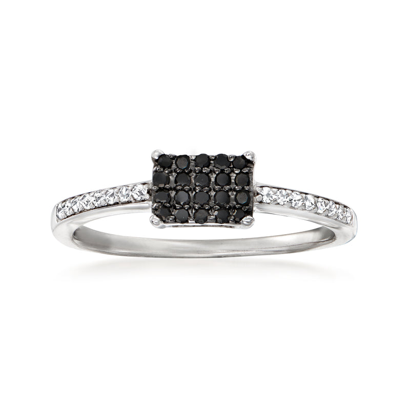 Sterling silver ring with black diamond cluster and white diamond side accents