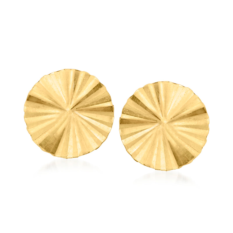 14kt yellow gold sunburst round stud earrings, textured radial ridges