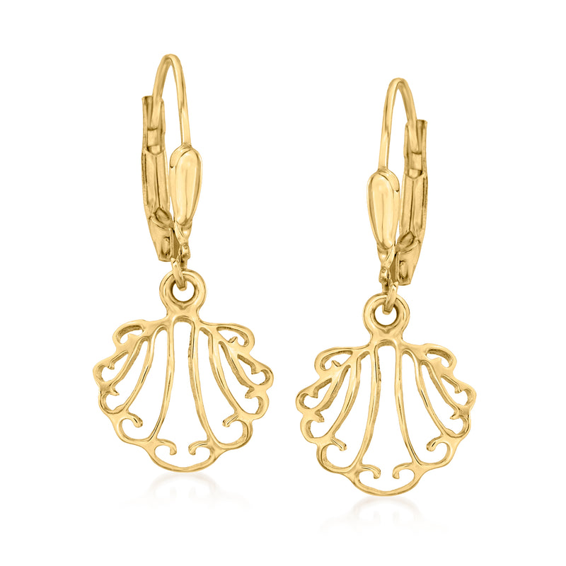 14kt yellow gold seashell drop earrings with leverback and scalloped shell charms