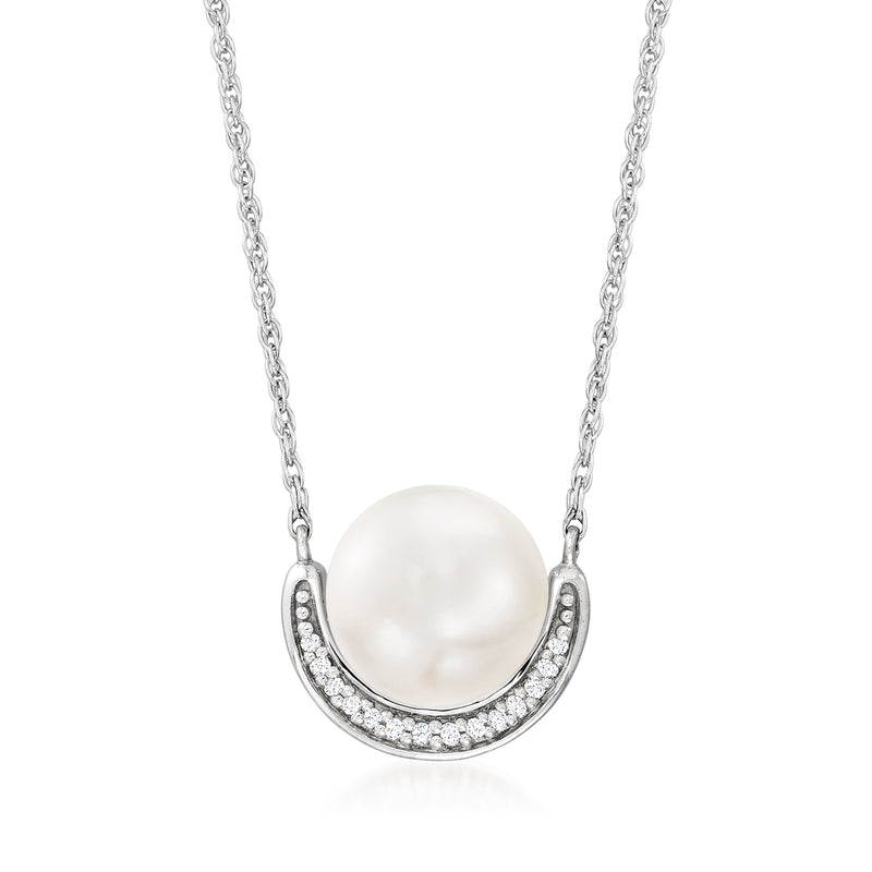 Cultured pearl pendant necklace with diamond accents on sterling silver chain
