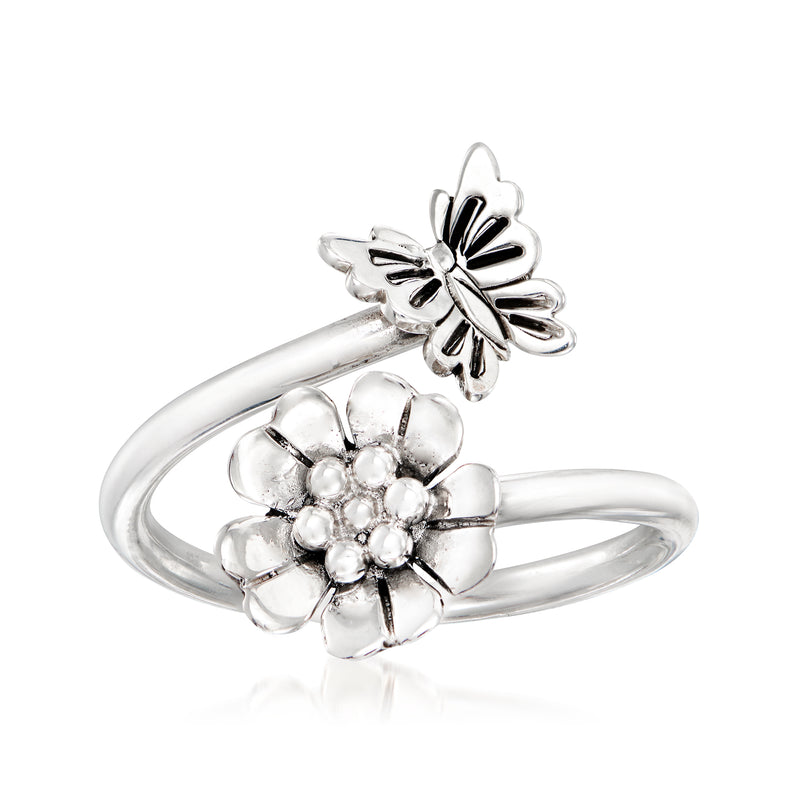 Sterling silver bypass ring with large flower and butterfly details