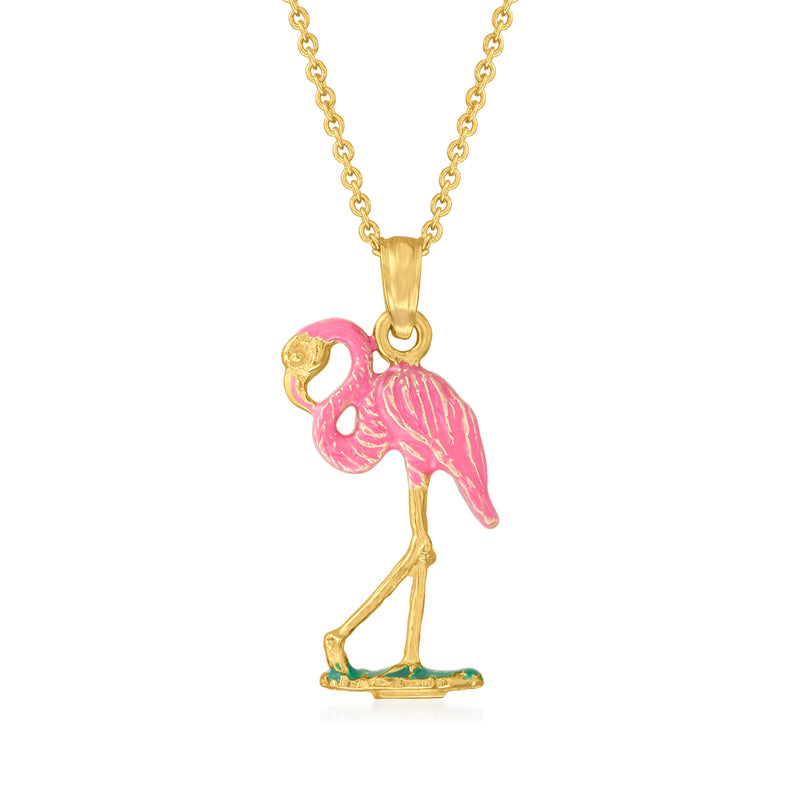 14kt yellow gold flamingo pendant necklace with pink enamel and green accents