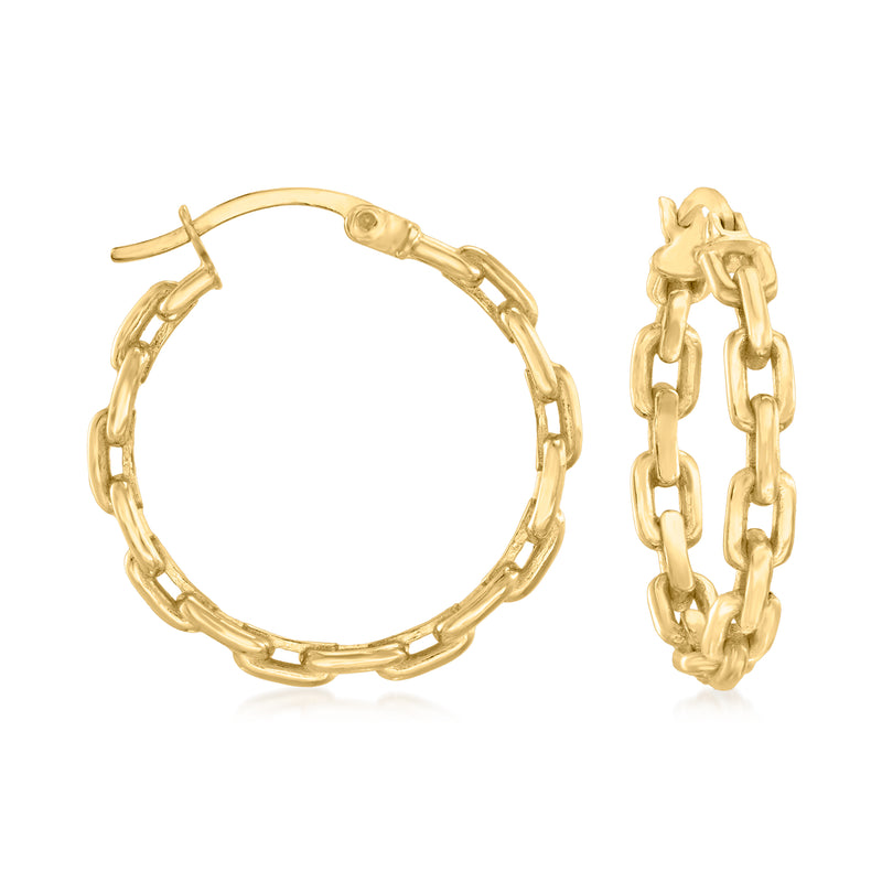 Gold link hoop earrings with hinged clasp, 18kt gold over sterling silver