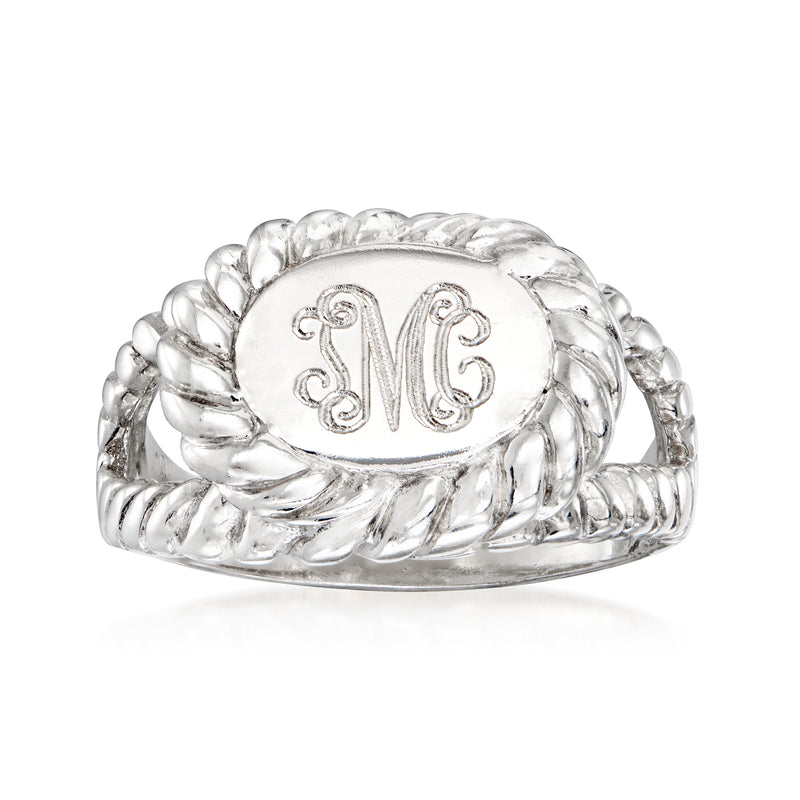 Sterling silver roped ring with oval engraved monogram center