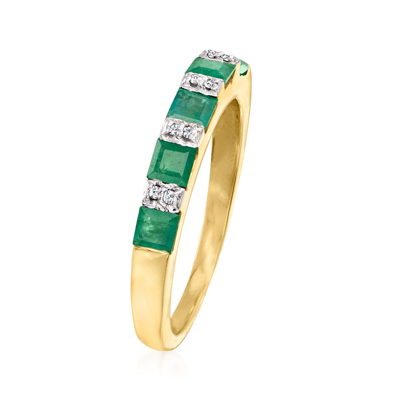 Side view of 18kt gold over sterling ring with emerald-green stones and diamonds