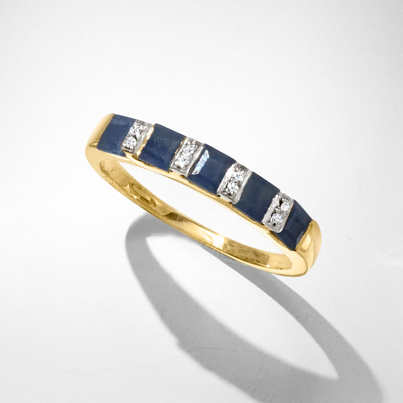 Gold sapphire and diamond band with alternating dark blue squares and white stone clusters