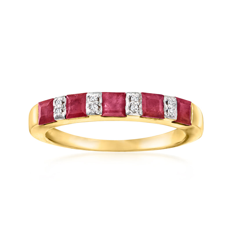 Gold ring with prong-set square ruby stones and diamond accents, row design