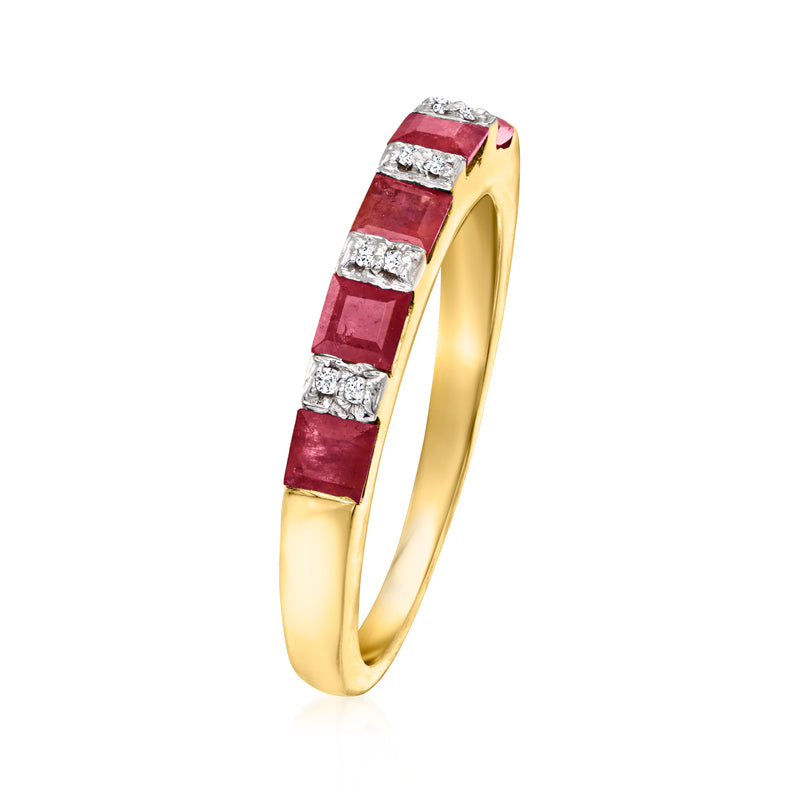 Gold ring side view with prong-set square ruby stones and diamond accents