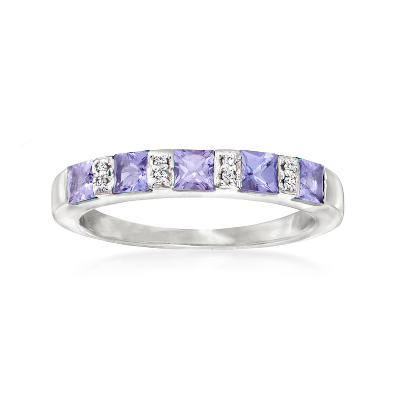 Sterling silver tanzanite and diamond band ring with five square lavender stones