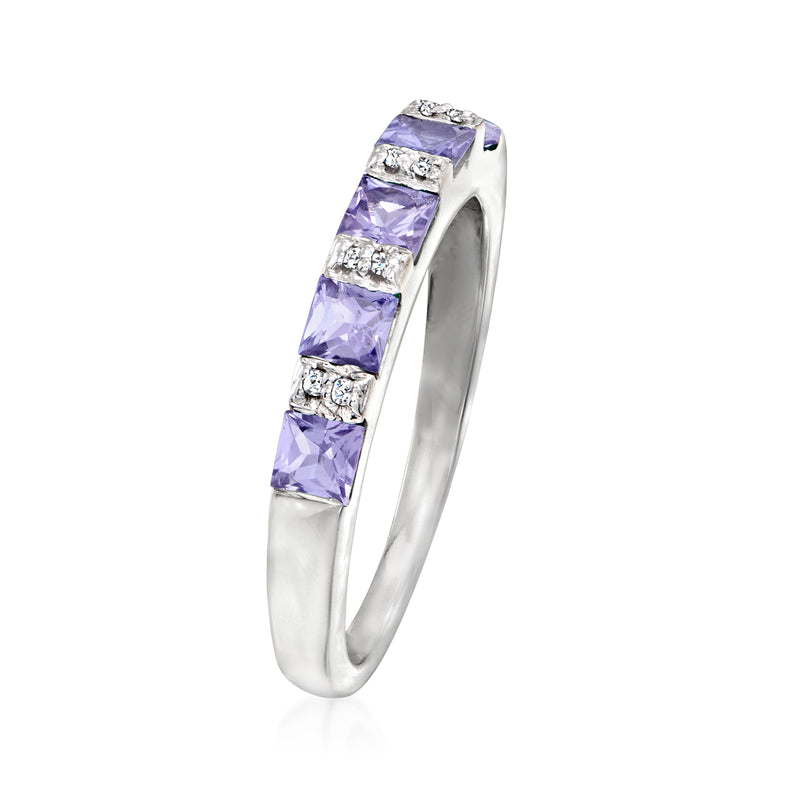 Sterling silver tanzanite and diamond ring with raised square lavender stones, side view