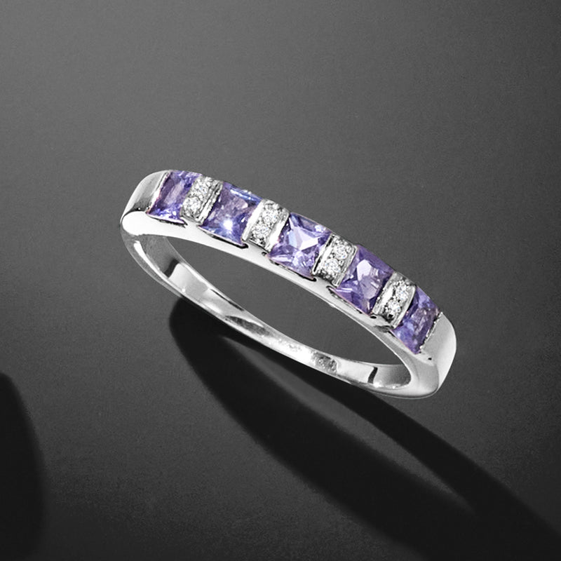 Sterling silver tanzanite and diamond ring, row of square lavender stones on slim band