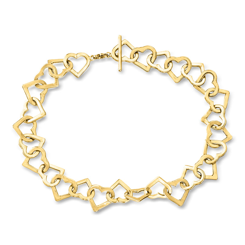 14kt yellow gold heart-link bracelet with interlocking heart charms