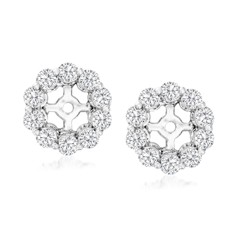 Round diamond earring jacket with full diamond halo and openwork backing, 14kt white gold