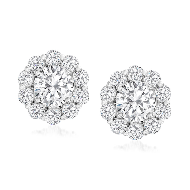 Round diamond earring jacket with large center stones and diamond halo, 14kt white gold