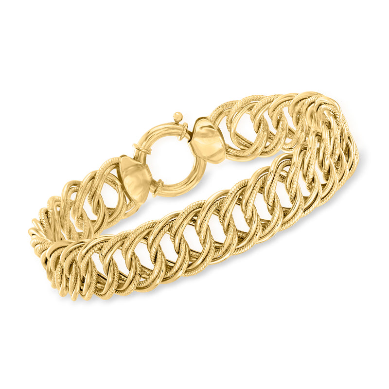 14kt yellow gold oval-link bracelet with interwoven chain links and round clasp