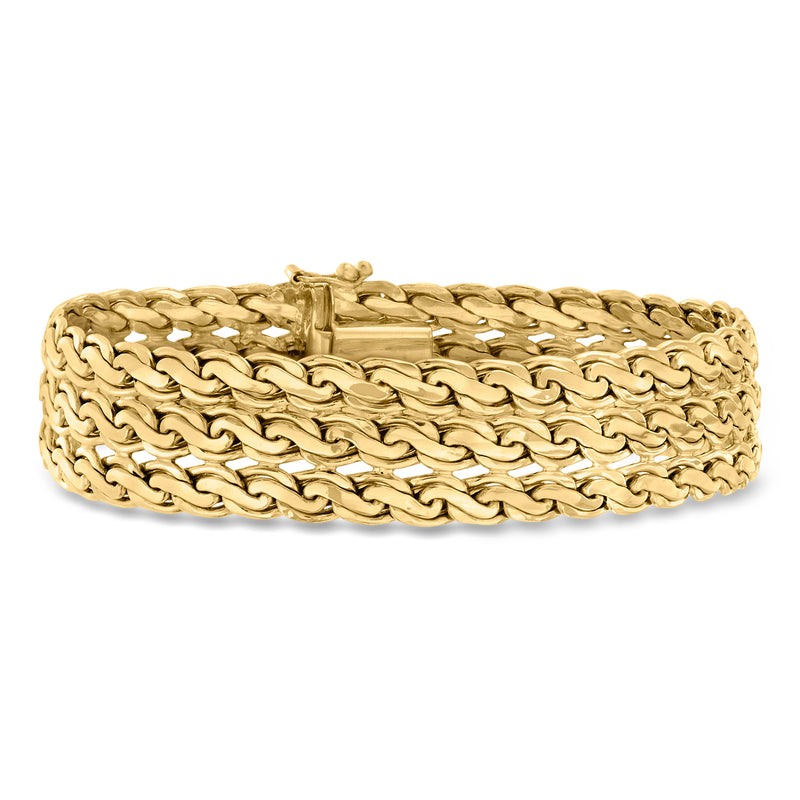 Three-row yellow gold serpentine-link bracelet with box clasp, polished shine.