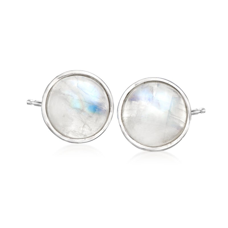 Sterling silver round moonstone stud earrings, iridescent white with blue sheen