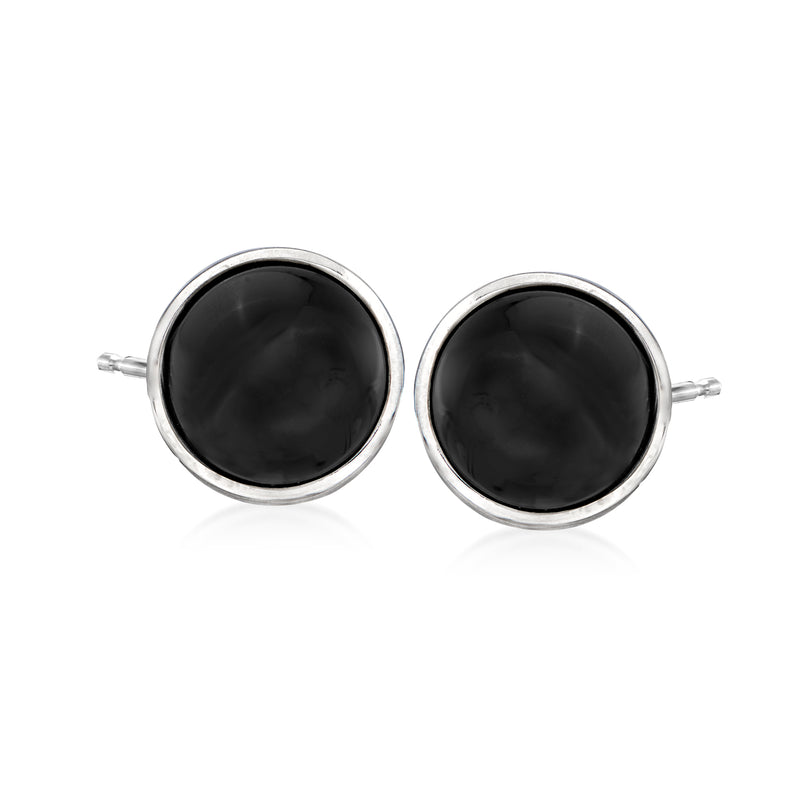 Round black onyx stud earrings in sterling silver bezel, small 10mm discs
