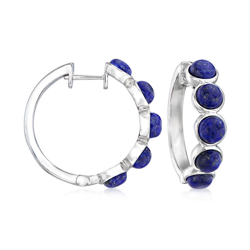 Sterling silver hoop earrings with blue lapis round gemstone drops along the hoop