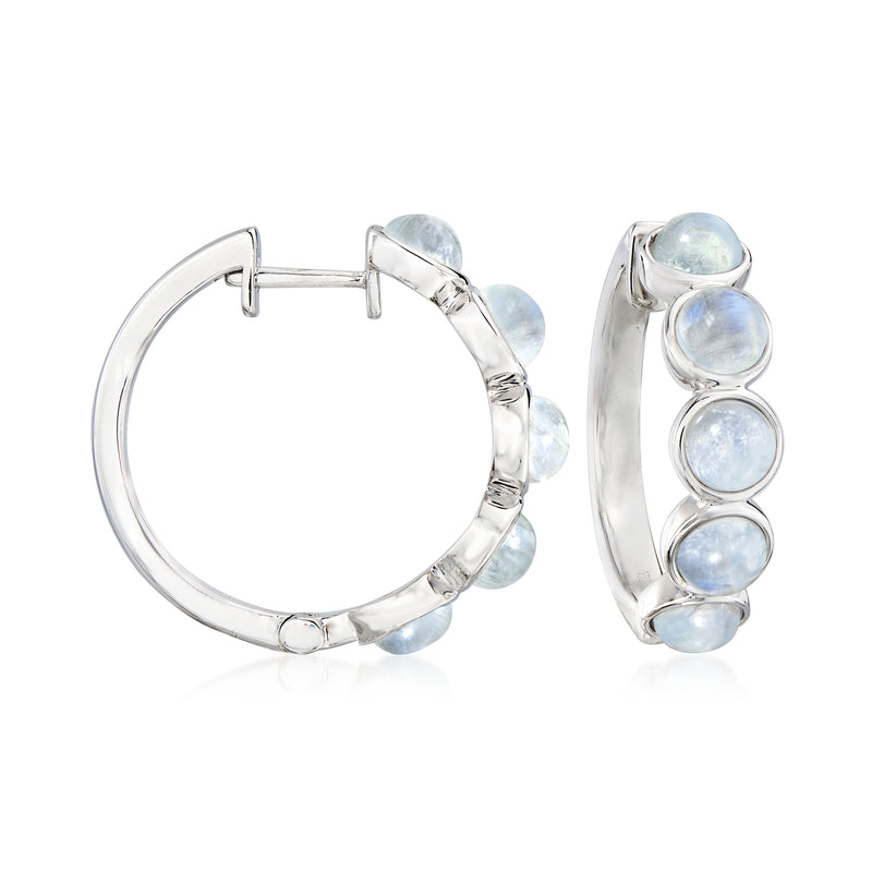 Sterling silver hoop earrings with three light-blue moonstone cabochons