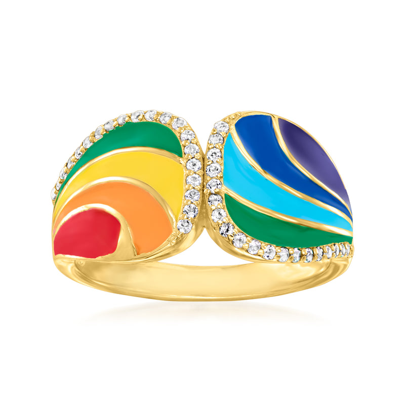 Rainbow enamel ring with white topaz accents in gold over sterling