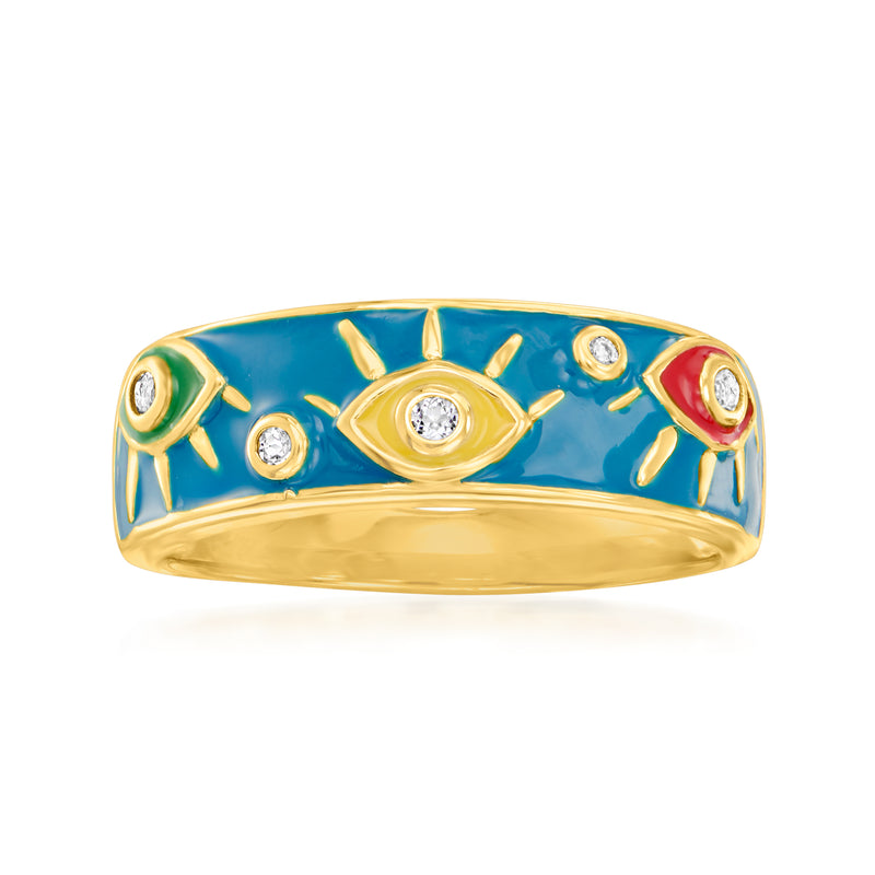 Gold-tone ring with blue enamel evil eye motif and clear stone accents